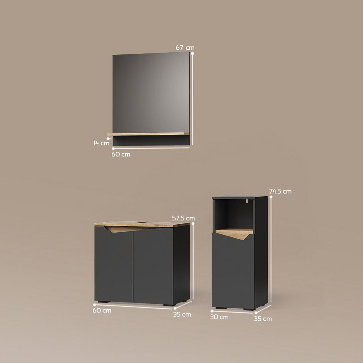 BADMÖBEL-KOMBINATION Timavo Anthrazit 3 Teile, mit Midischrank - Anthrazit/Eiche Artisan, Holzwerkstoff (60/57/35cm) - Livinity®