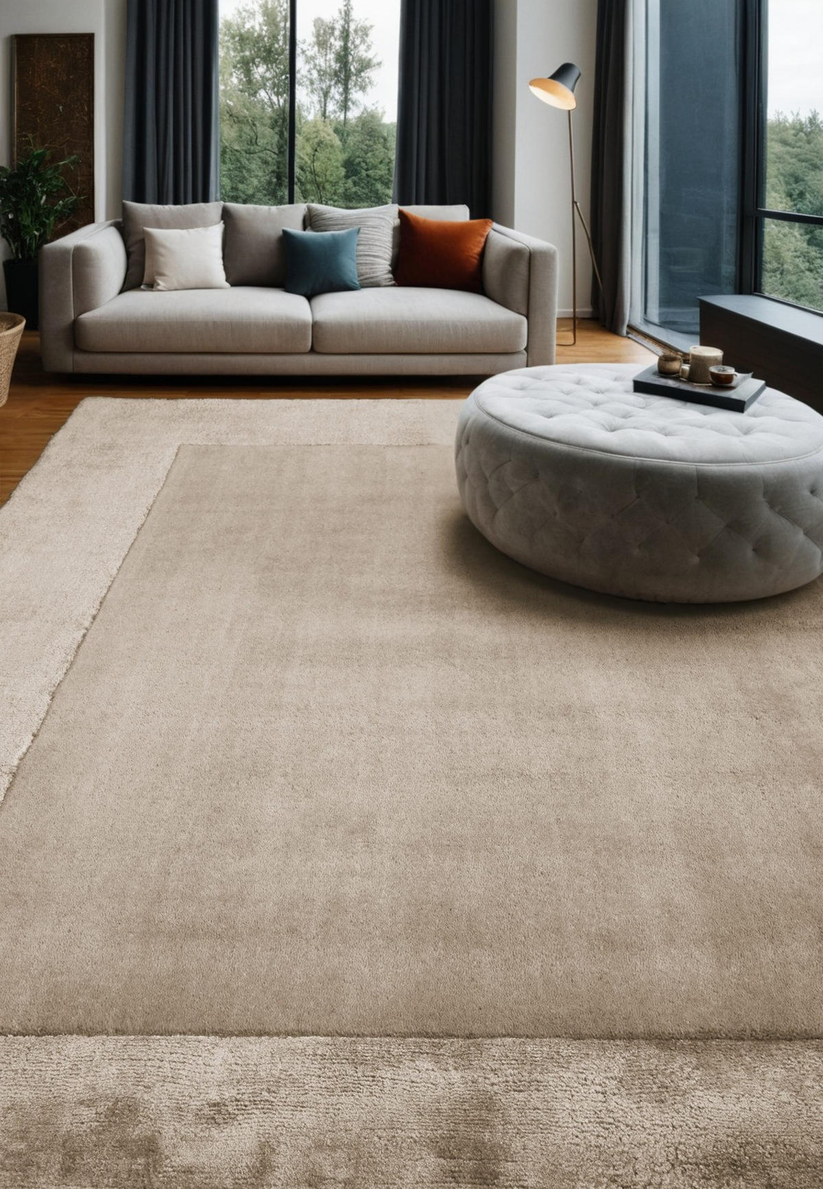 TEPPICH Wolle handgewebt einfarbig mit Viskosebordüre TYNE, Beige 160x230 cm - Beige, Textil (160/230cm) - KADIMA DESIGN