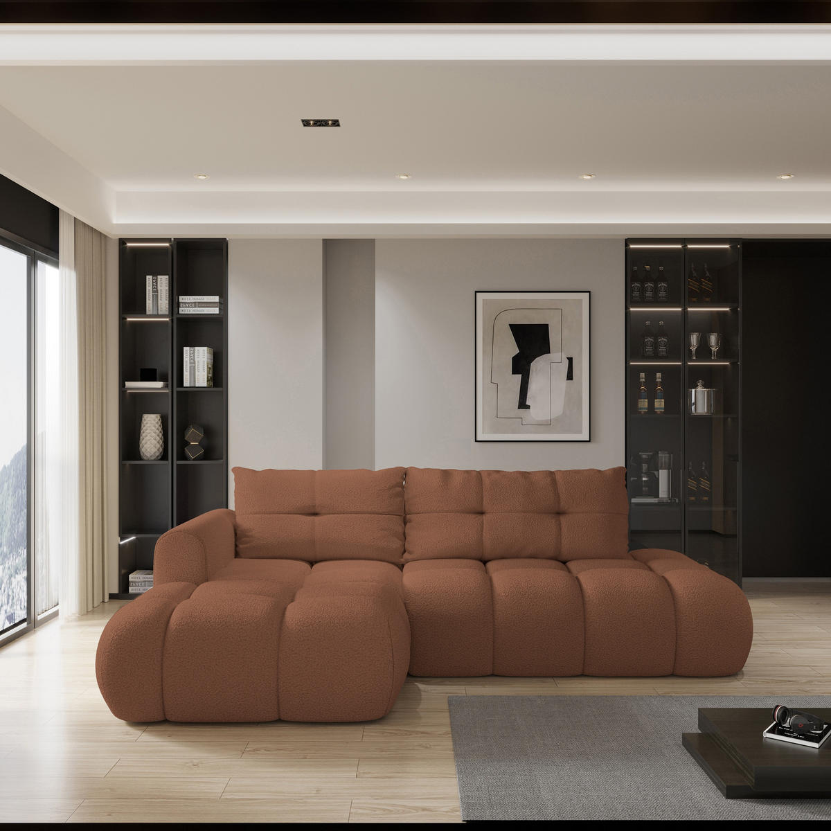 ECKSOFA FLUMA L-S Kupferfarben Boucle-Stoff mit Schlaffunktion - Kupferfarben, Holz (274/165cm) - MASSENO