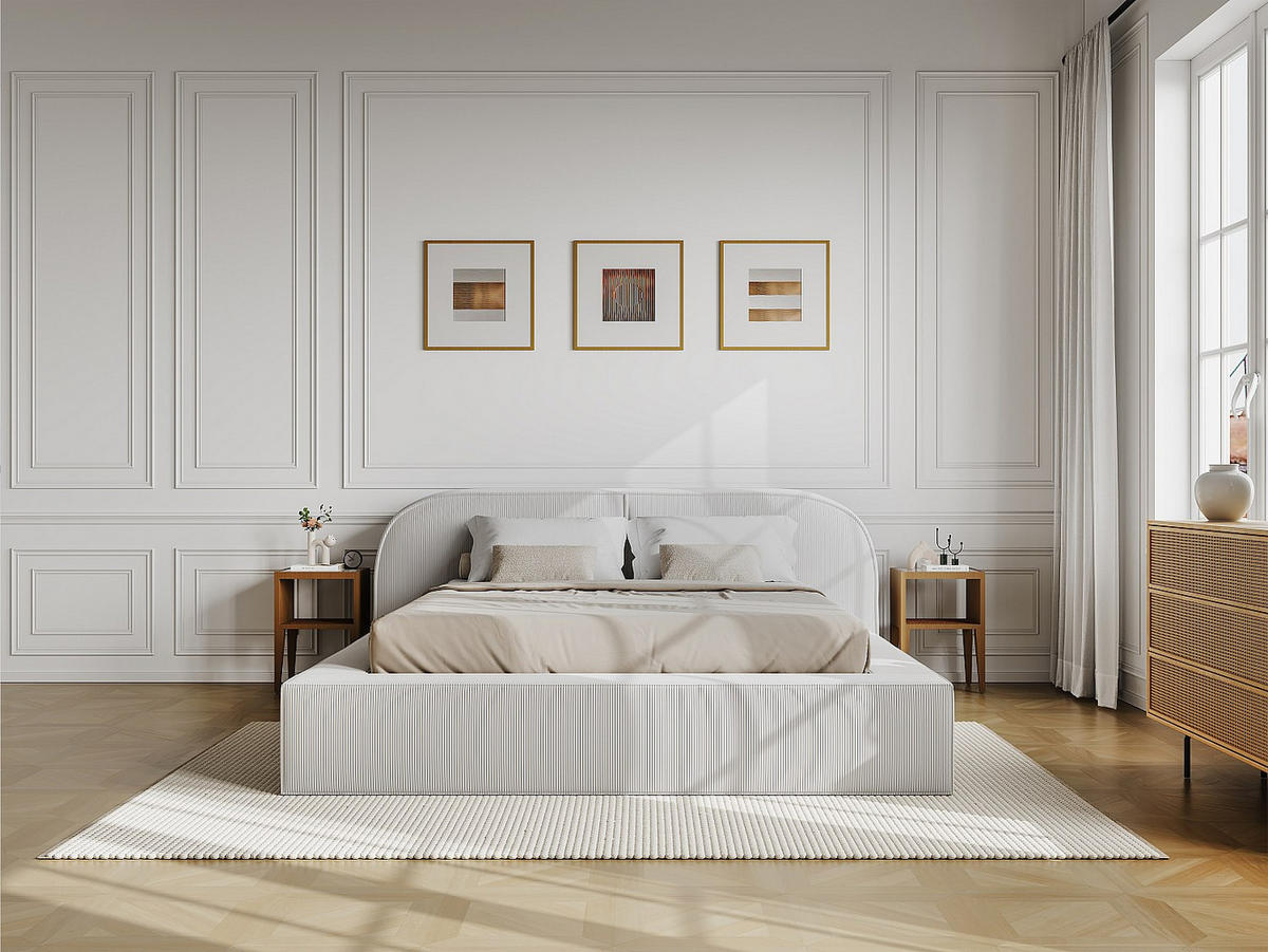 BETT mit Bettkasten - 2 Personen - Samt, Stoff - Cremefarben - Creme, Textil (180/200cm) - Vente-Unique