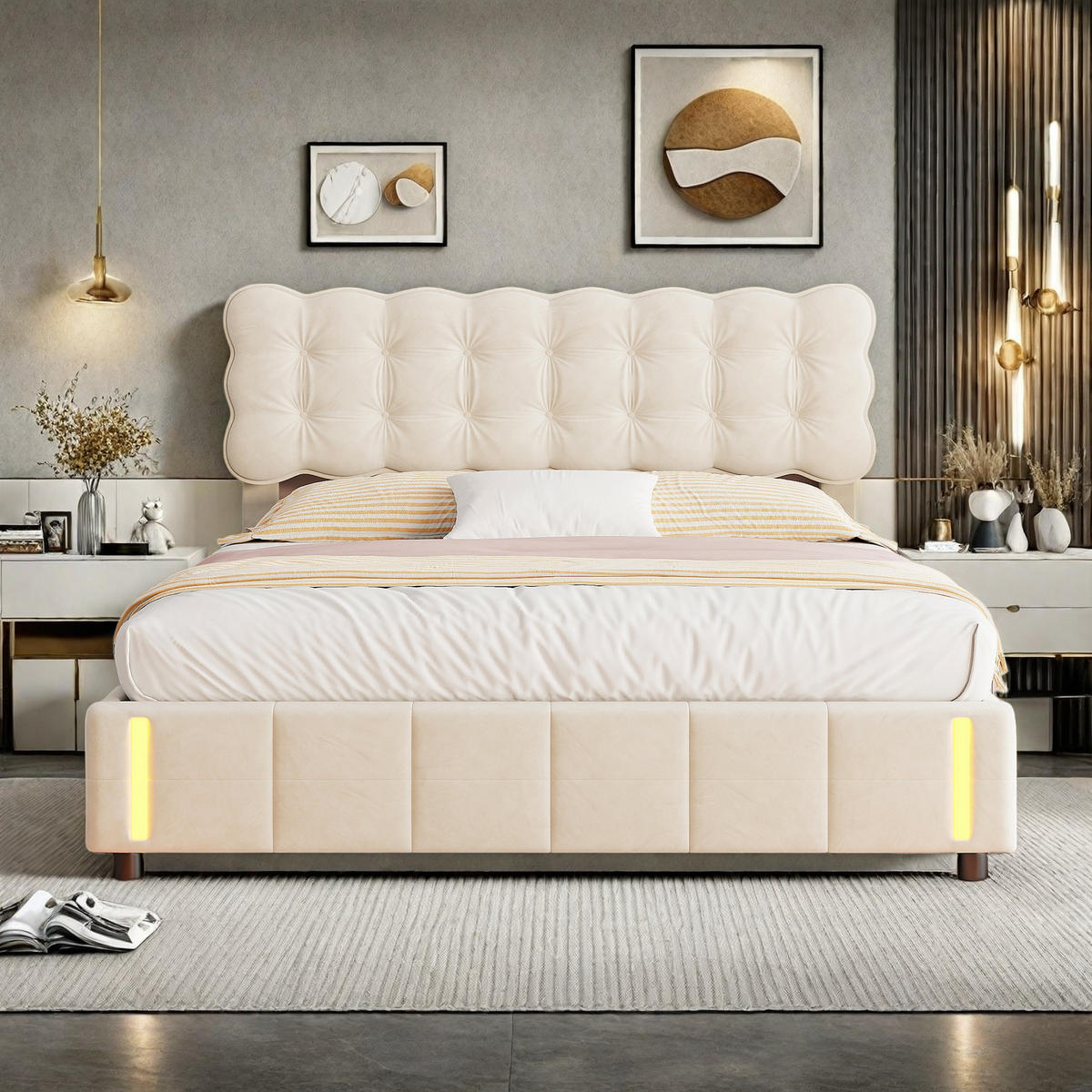 POLSTERBETT 140/200 cm Beige mit Bettkasten und LED-Beleuchtung - Beige, Holz (140/200cm) - SHOPENTRA
