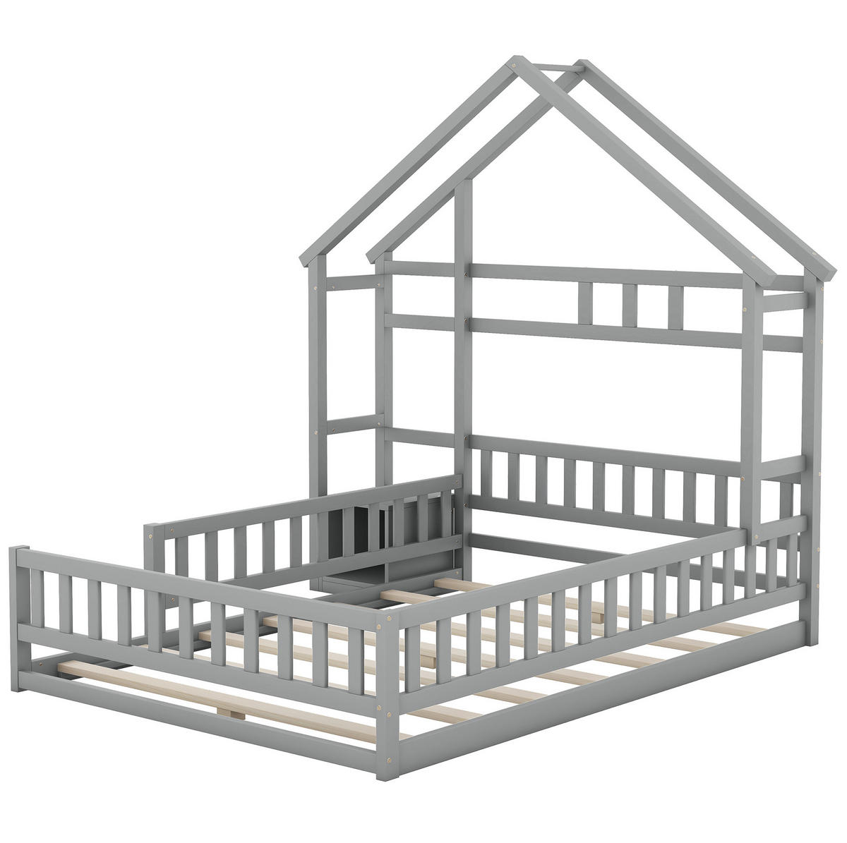 HAUSBETT aus Kiefernholz und MDF 140x200 cm Grau mit Geländer und Nachttisch - Grau, Holzwerkstoff (140/200cm) - IVMEU