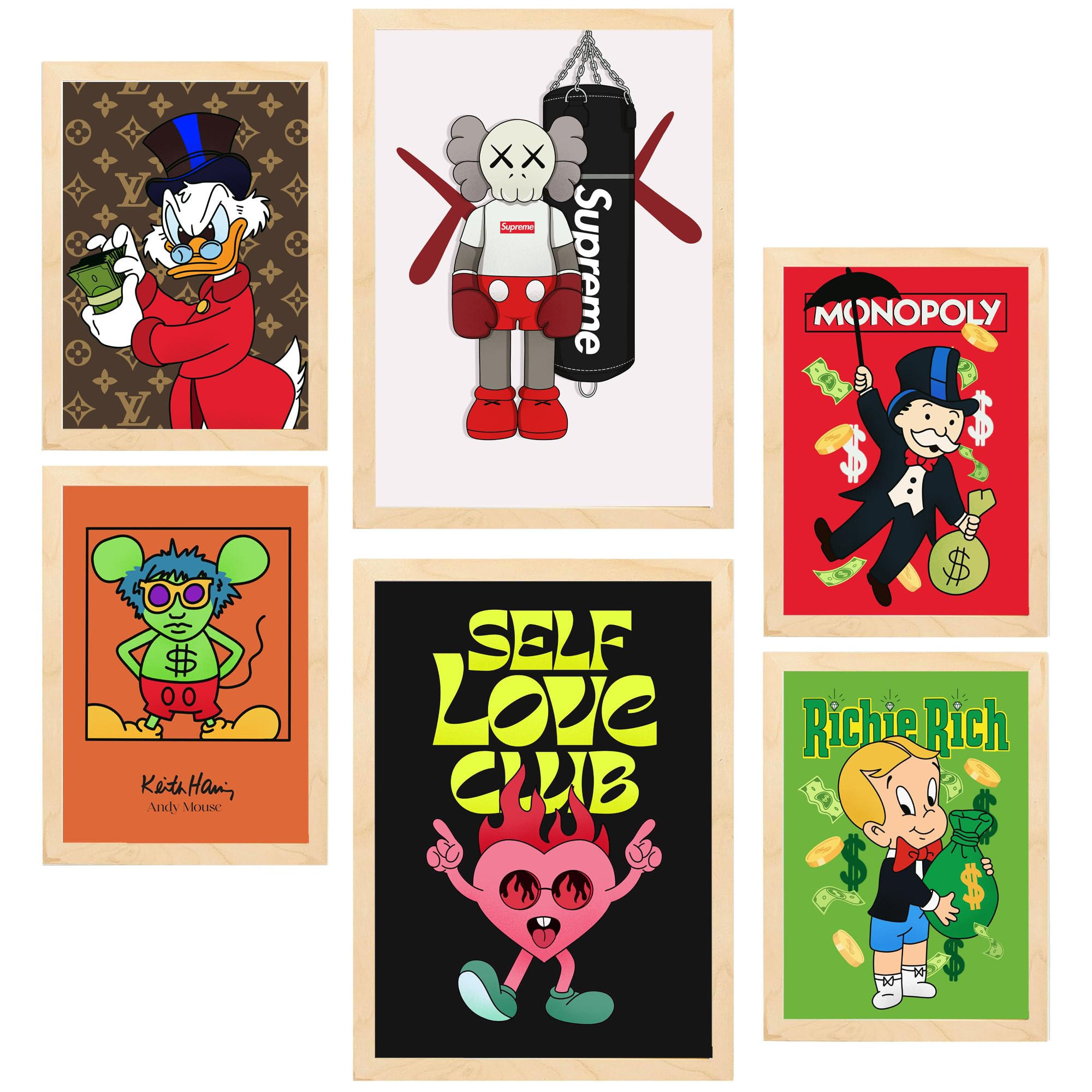 POSTER Set Mit 6 Ikonischer Monopoly Dinald Mongoly Humor A3 & A4 Rahmen Aus Hellem Holz - Beige, Papier (29/3cm) - Nacnic