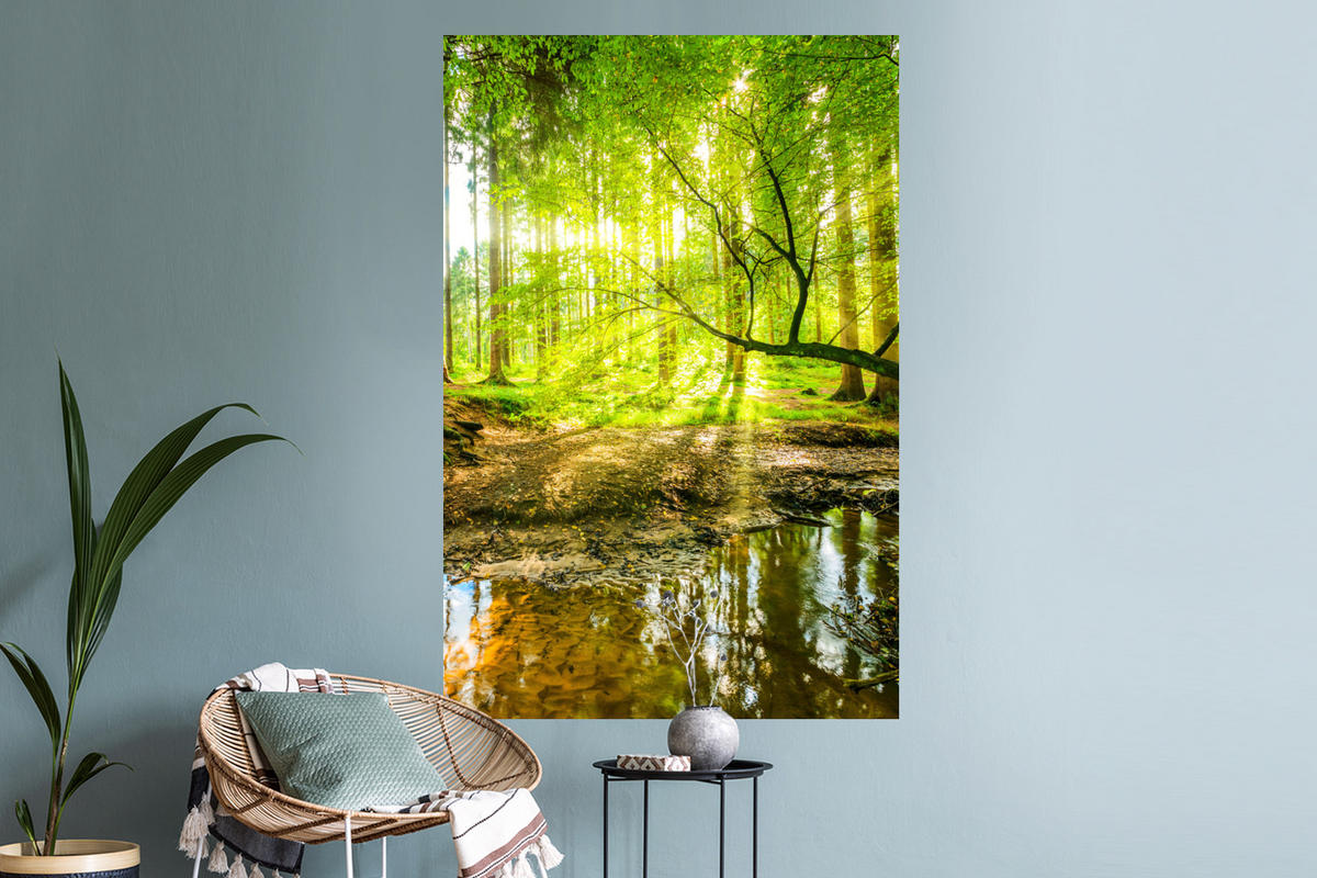 WANDTATTOO Wald - Landschaft - Wasser - Bäume - Sonne - Grün - Natur 80x120 cm - Grün, Kunststoff (80/120/0.1cm) - MuchoWow