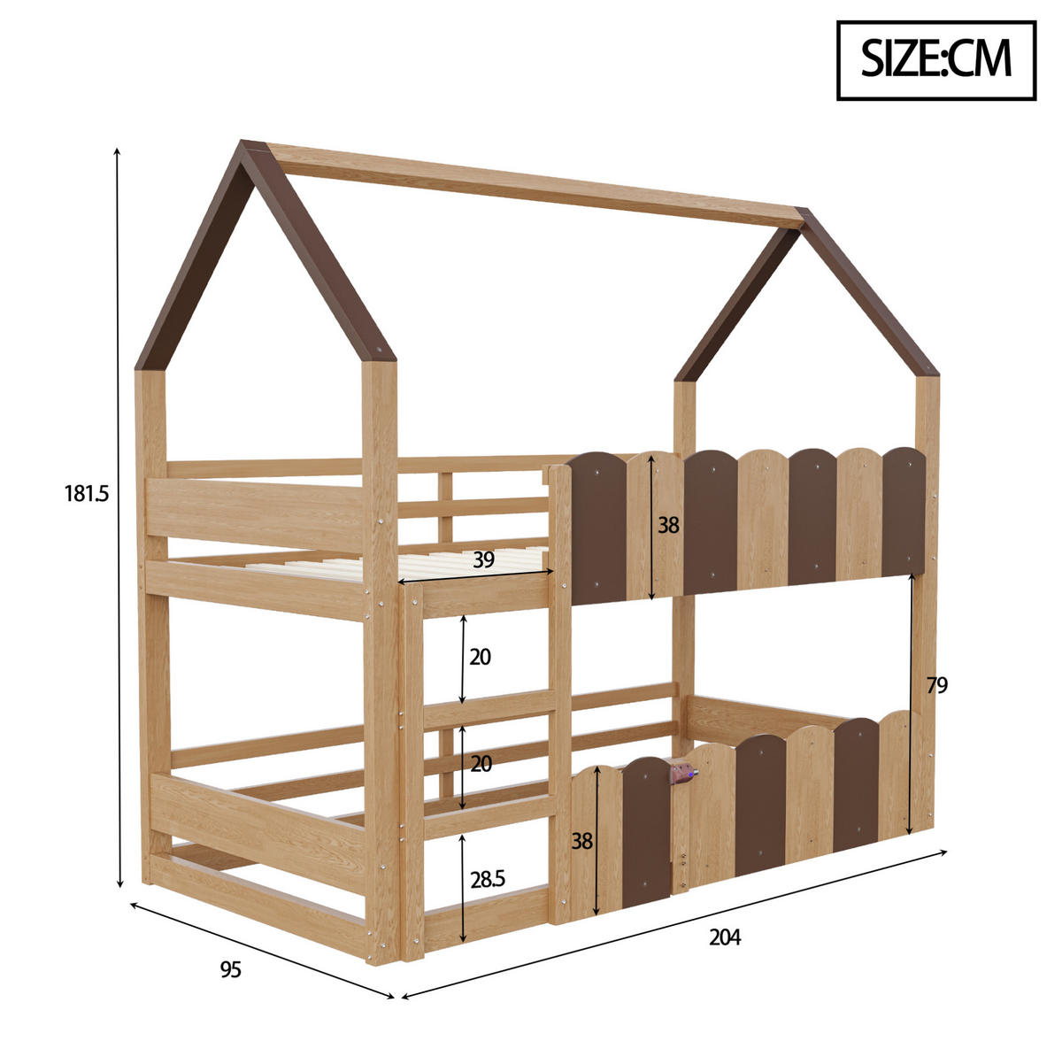 HAUSBETT 90/200 cm in Naturholz mit Hausdesign und Sicherheitsgeländern - Naturfarben, Holz (90/200cm) - BEAOK