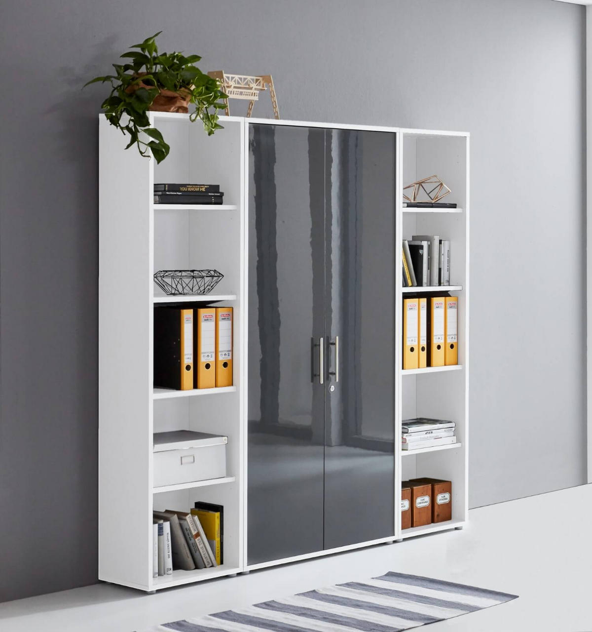 BÜROMÖBELSET 3-tlg. weiß / anthrazit Hochglanz - Anthrazit/Silberfarben, Holz/Metall (172/185/33cm)