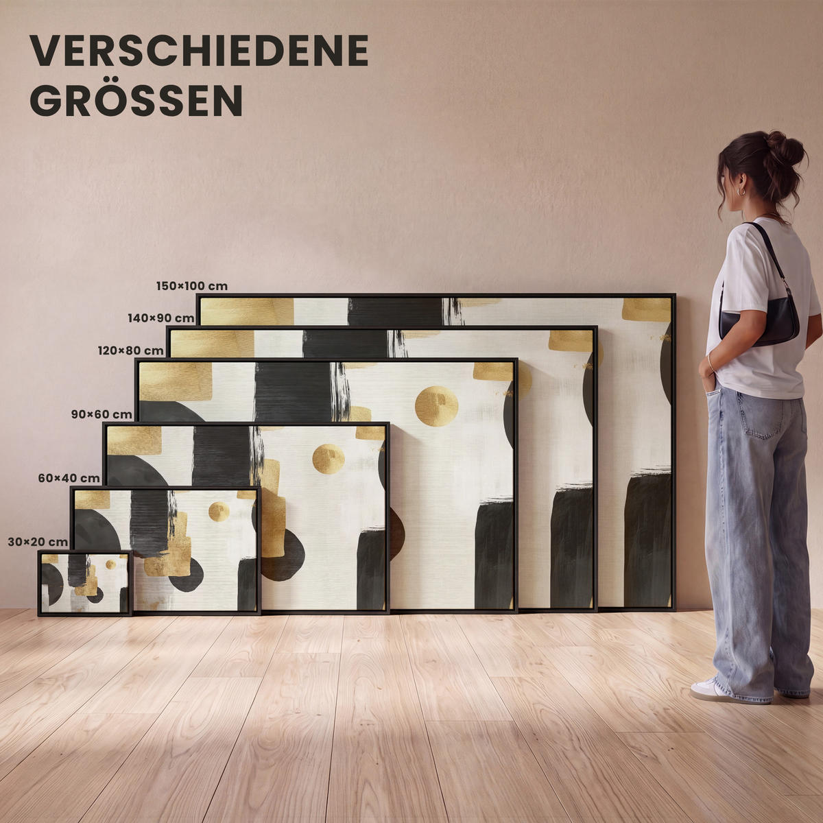 LEINWAND Bilder mit Rahmen - Gold - Rechtecke - Kreise - Abstrakt - 90x60 - Weiß, Textil (90/60cm) - MuchoWow