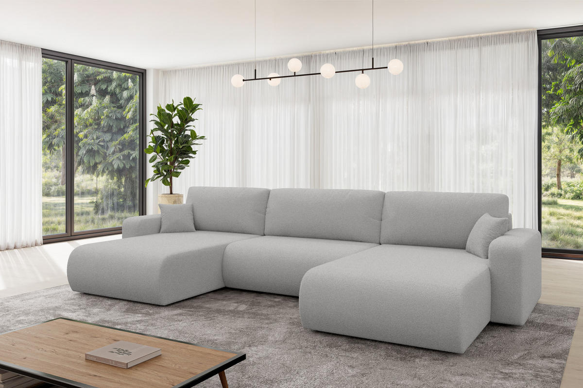 SEDACÍ SOUPRAVA DO U s funkcí spaní a úložným prostorem BERY-U 377x193x88 světle šedá bouclé - černá/stříbrná, kompozitní dřevo/textil (377/88/193cm) - ALTDECOR