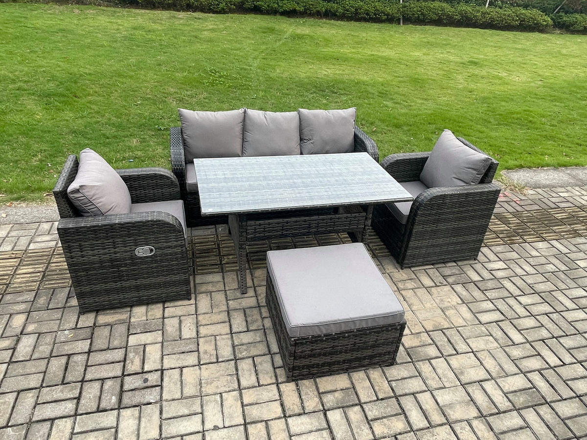 GARTENSET mit 3-Sitzer-Sofa,Esstisch Polyrattan 6-Sitzer - Dunkelgrau/Grau, Glas/Kunststoff - Fimous