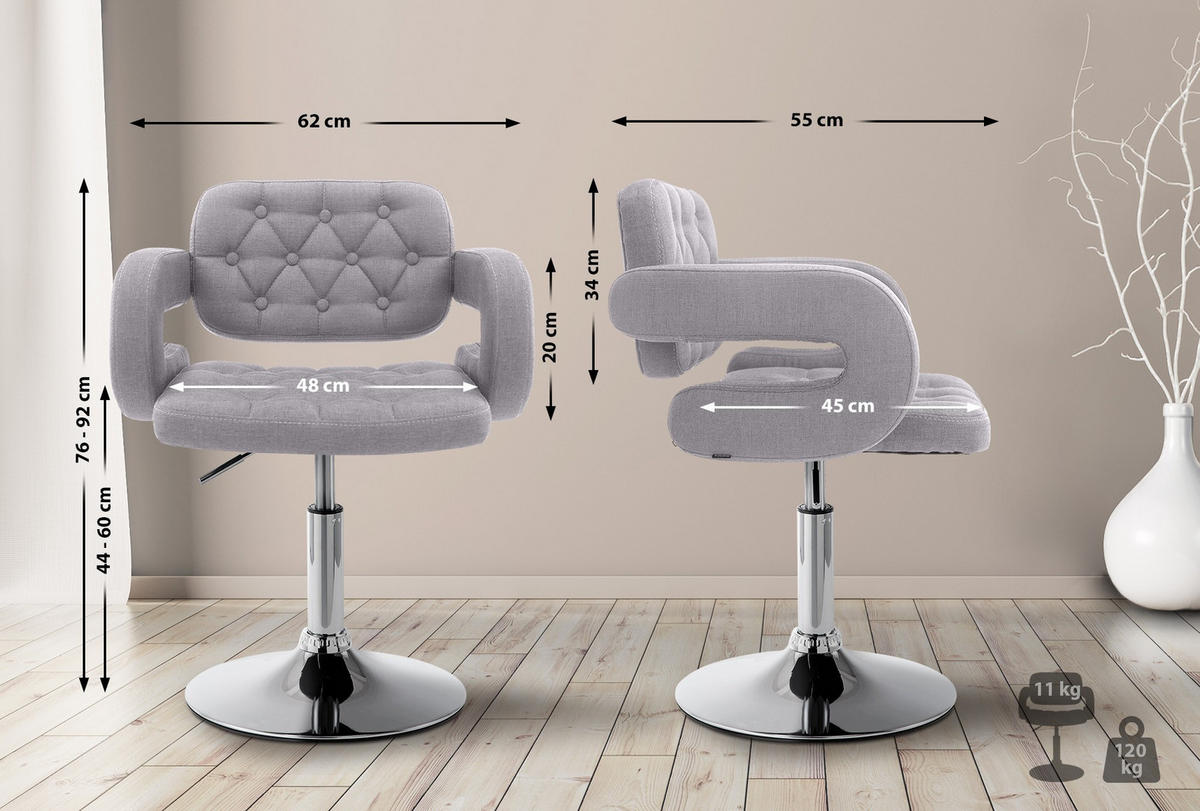 DREHSTUHL Stoff grau - Chromfarben/Grau, Textil/Metall (62/76/55cm) - CLP