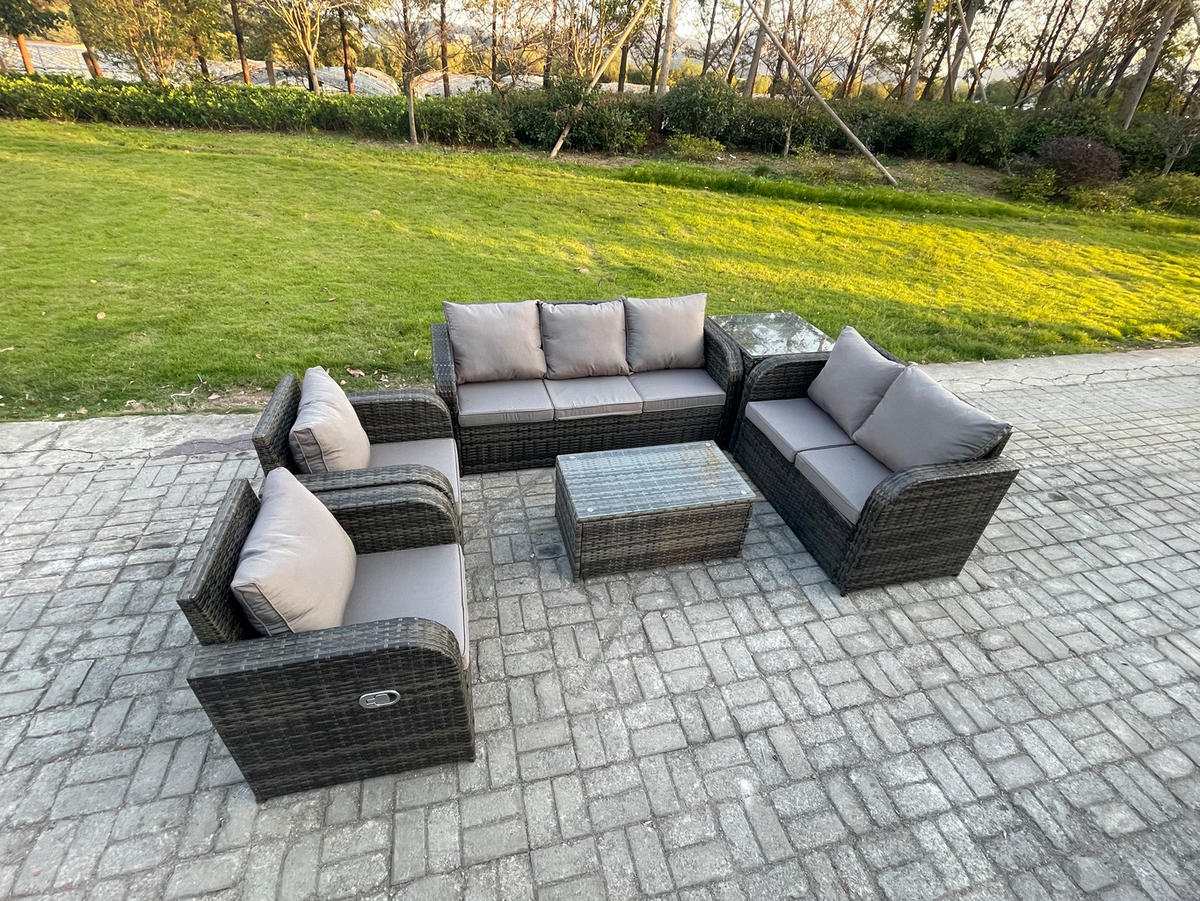 GARTENMÖBELSET mit Couchtisch Polyrattan 7-Sitzer - Dunkelgrau/Grau, Glas/Kunststoff - Fimous