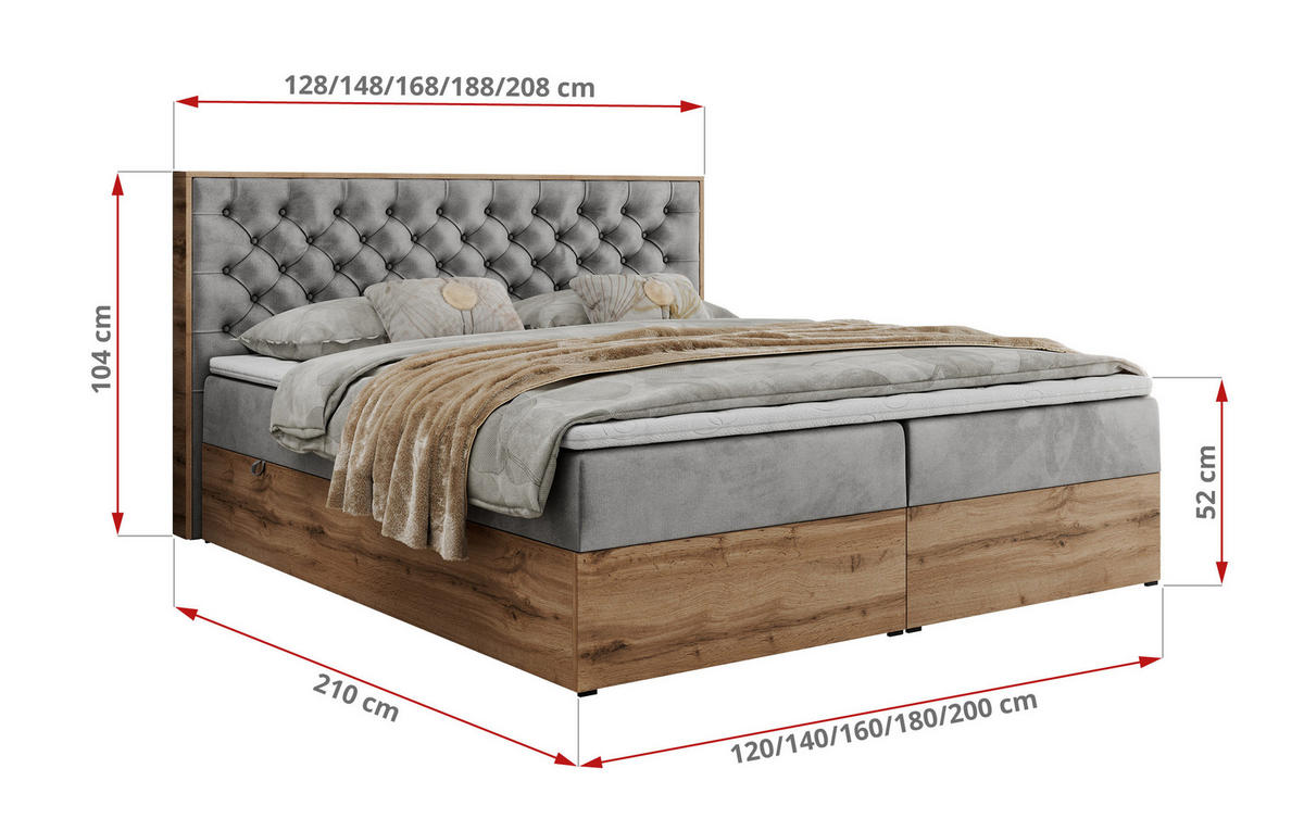 BOXBETT ALBERO 3 - 120/200 Hellgrau Velvet - H3 - Hellgrau, Holz/Textil (120/200cm) - MKS