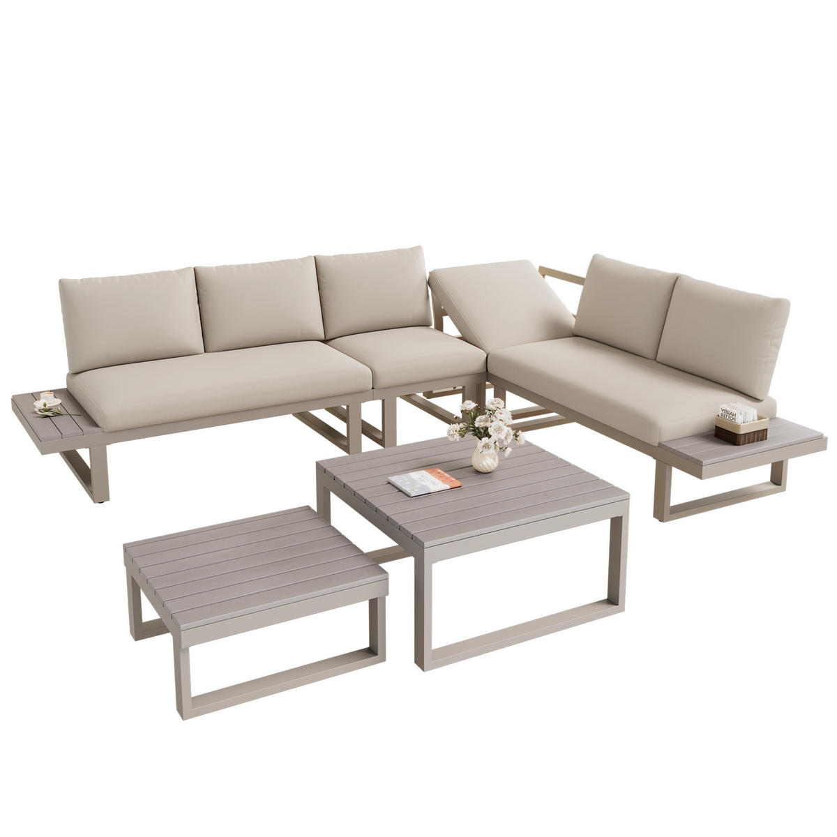 LOUNGEGARNITUR mit zwei Couchtischen, Beige + Khaki - Beige, Metall - KOMHTOM