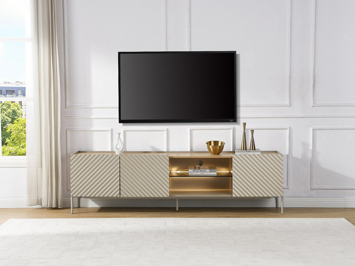 TV-BOARD - 200 cm x 40 cm - Glas, Holz, Platte - Beige, Naturfarben Hell - TASIBA - Beige/Naturfarben, Glas/Holz (200/57/40cm) - Vente-Unique