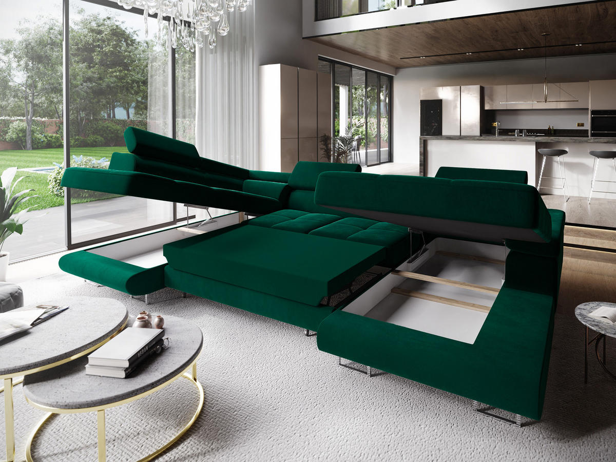 WOHNLANDSCHAFT CASONE L-S Grün Velours-Stoff mit Schlaffunktion - Grün, Holz (345/90/202cm) - MASSENO