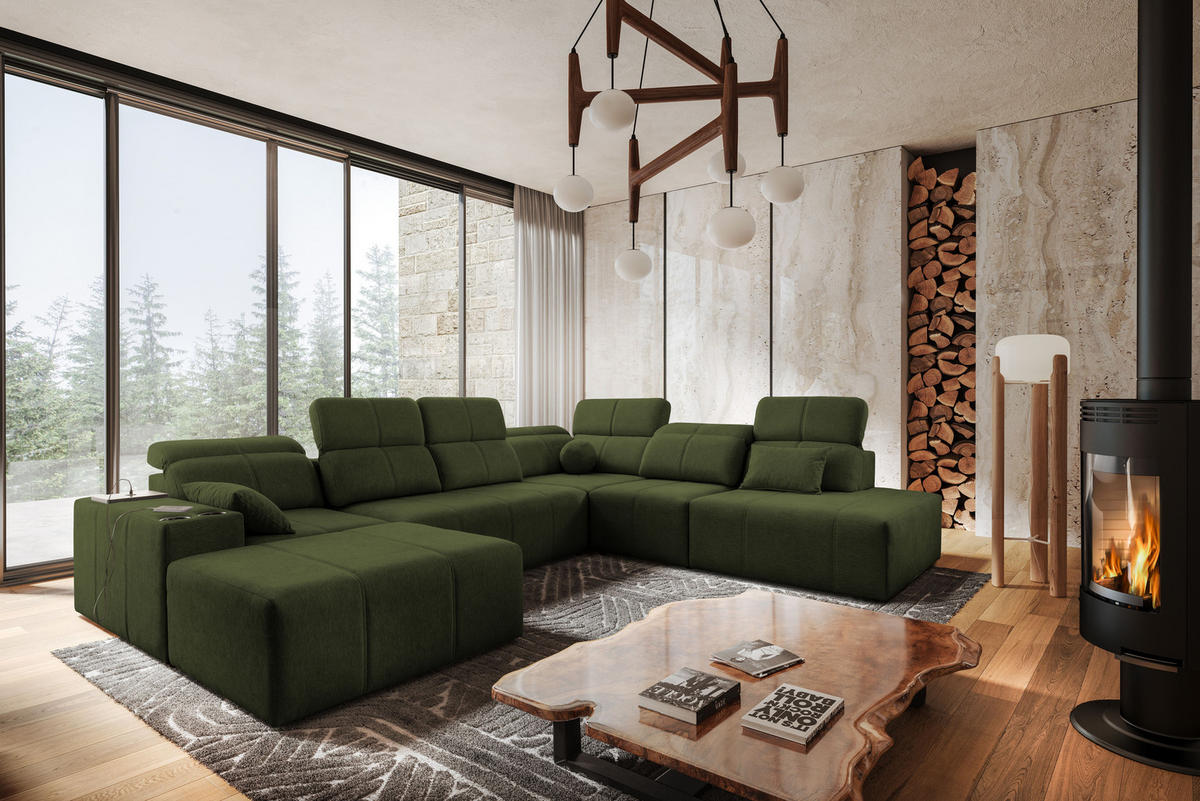 ECKSOFA Multifunktional Mindy X Stoff Verita Dunkelgrün Links - Dunkelgrün, Holz (300/359cm) - Kaiser Möbel