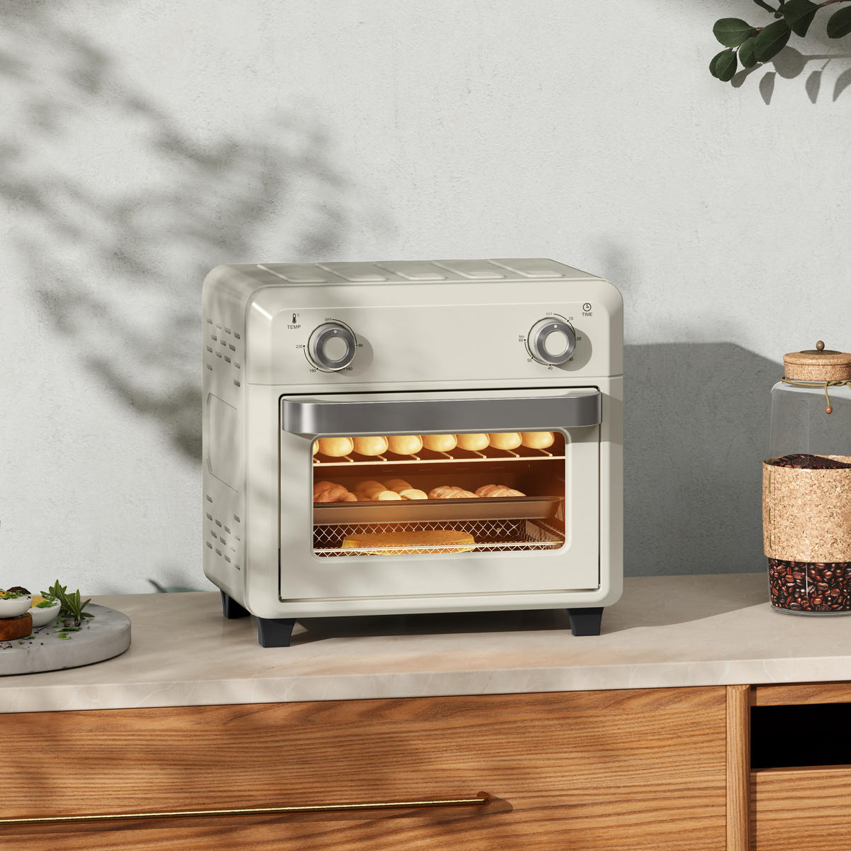 MINIBACKOFEN 10L mit Umluft & Heißluftfritteuse, Touch-Screen, 1000W, Timer, Innenbeleuchtung, Edelstahl - Beige, Metall (32/29.8/27.2cm) - Beaface