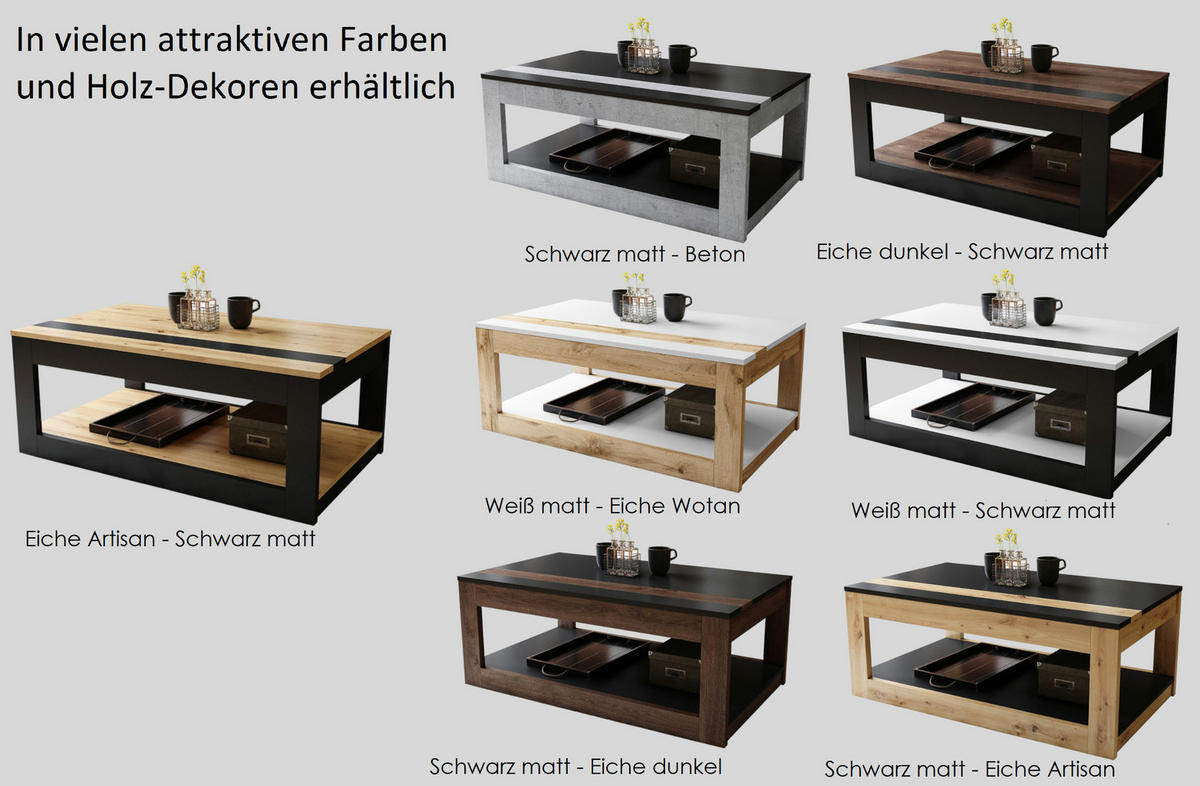 COUCHTISCH rechteckig Schwarz - Beton aufklappbar - Hellgrau/Schwarz, Holzwerkstoff (66/112/45cm) - designimpex