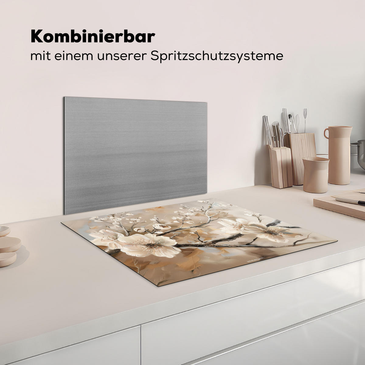 HERDABDECKPLATTE Blumen - Abstrakt - Gemalt - Beige Herdabdeckung Induktionsfeld 65x52 cm - Beige, Kunststoff (65/52/0.2cm) - MuchoWow