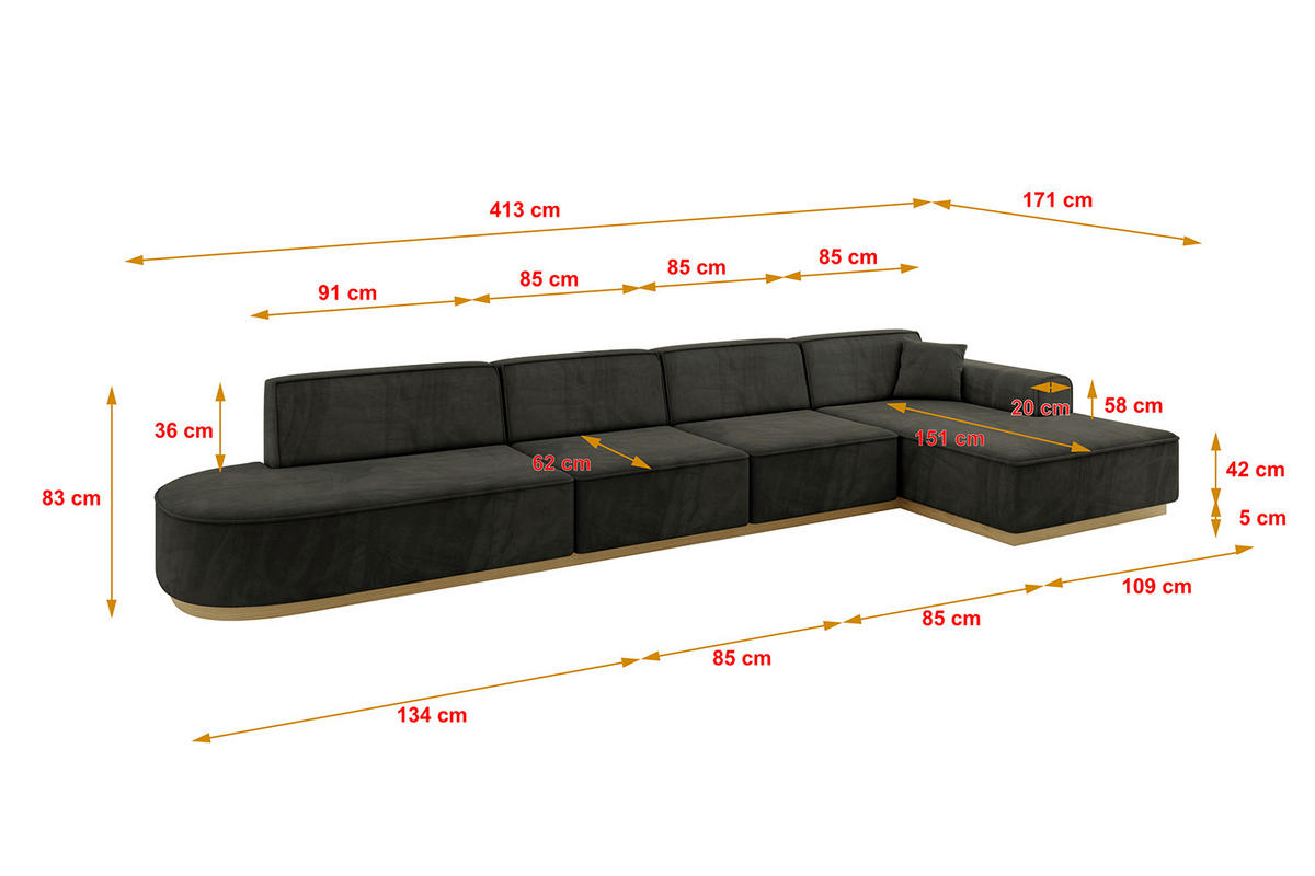 ECKSOFA Ottomane Rechts IREA-L3-v2 - 413x171x83 cm Schwarz - Schwarz, Holzwerkstoff/Textil (171/413cm) - ALTDECOR