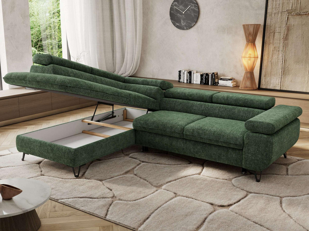 ECKSOFA PABLO L Dunkelgrün Schenille grob gewebt - Links Seite mit Visco Topper - Dunkelgrün/Schwarz, Textil/Metall (208/273cm) - MKS