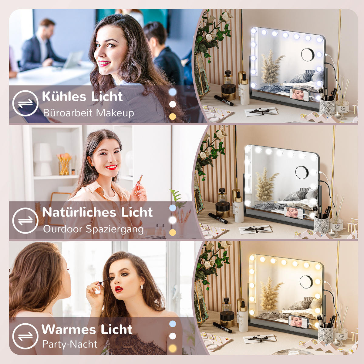 HOLLYWOOD Spiegel mit Beleuchtung, Schminkspiegel mit 14 LED Licht, 3 Lichtfarben - Schwarz, Glas (14/49.5/62.5cm) - HOMCOM