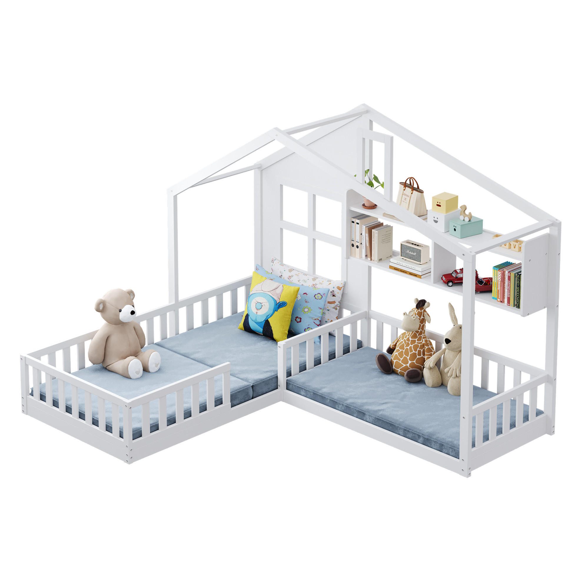 KINDERBETT 90/200 cm und 70/140 cm, Weiß mit LED-Beleuchtung und Regalen - Weiß, Holz (90/200cm) - MIVRAY