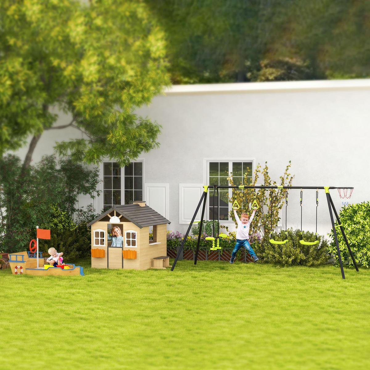 SPIELHAUS für Kinder Holz Kinderspielhaus mit Fenster Briefkasten Holzspielhaus - Naturfarben, Holz (94/134.5/113cm) - Outsunny