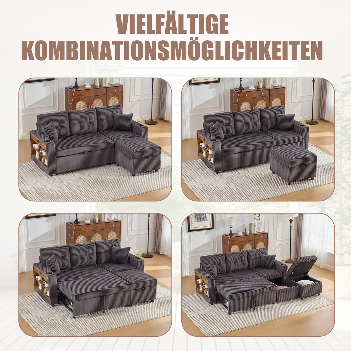 SCHLAFSOFA aus Cord mit Stauraum, Ausziehbett und USB-C - Dunkelgrau, Textil (196/85/82cm)