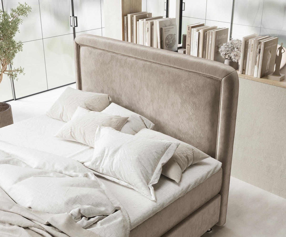 BOXBETT Salvi Taupe 160/200 cm mit Matratze und Topper - Taupe/Silberfarben, Holz/Holzwerkstoff (160/200cm) - Maison de Reve