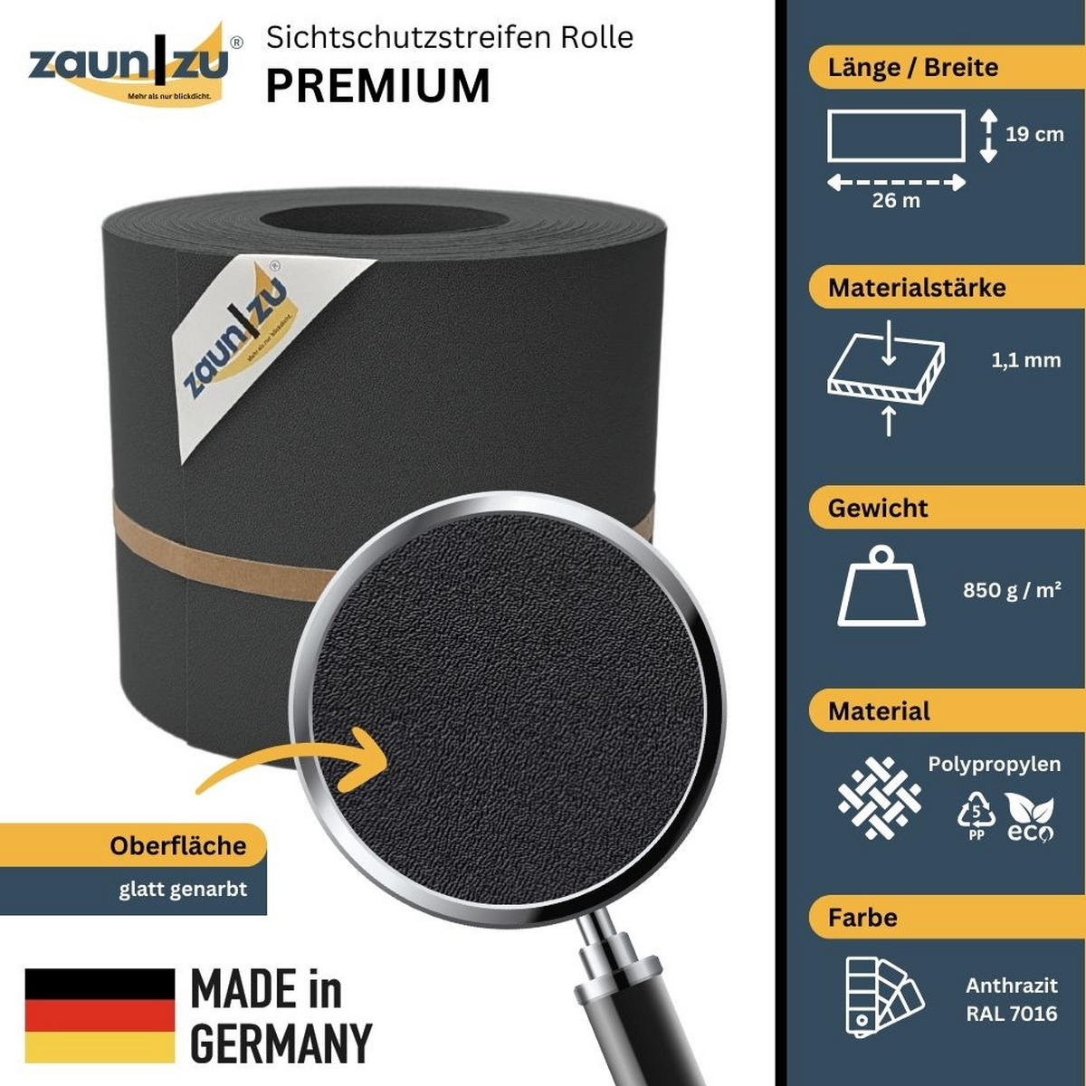 SICHTSCHUTZSTREIFEN Premium für Doppelstabmatten Zaunblende Anthrazit, 26m - Anthrazit, Kunststoff (2600/19cm) - ZAUN|ZU
