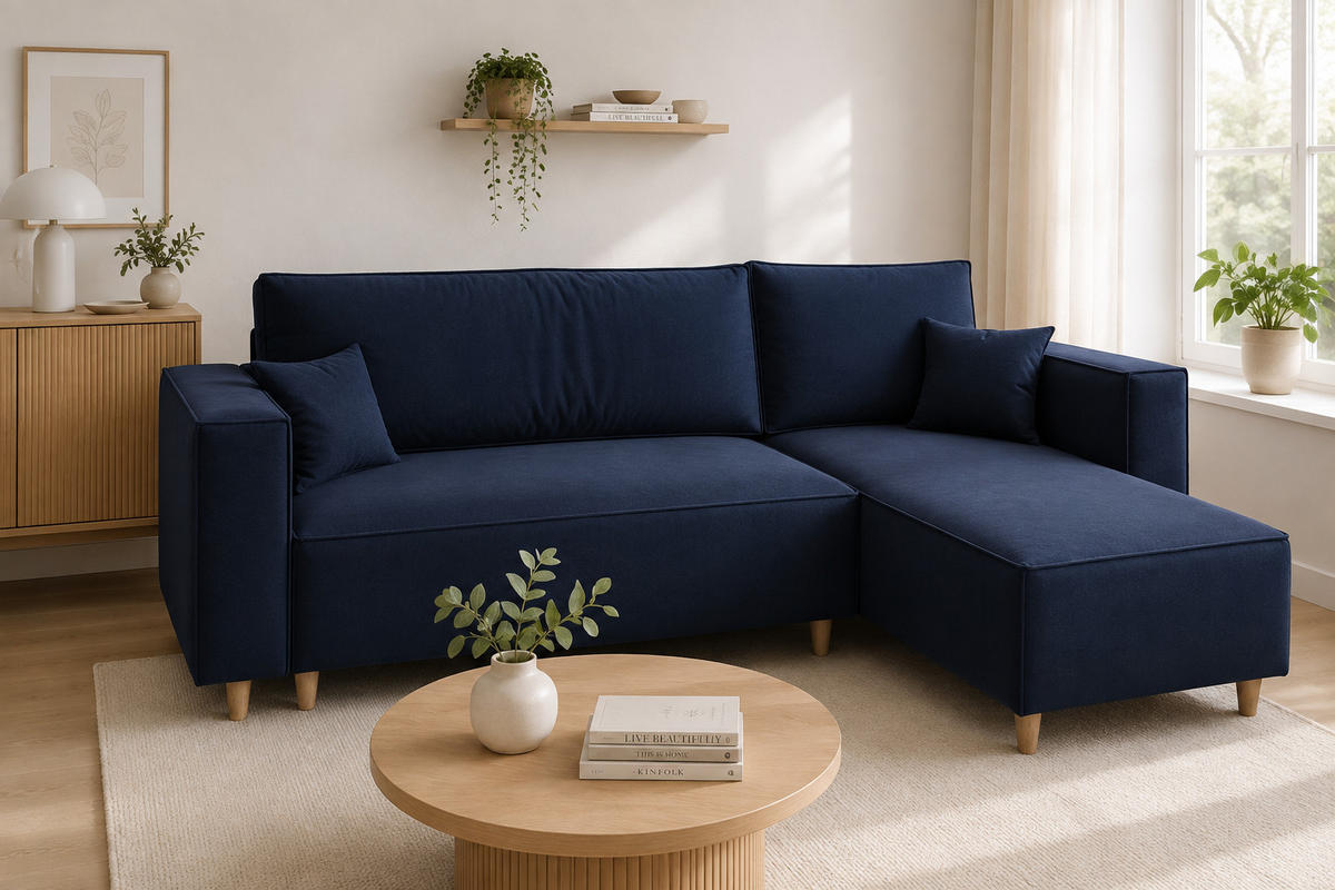 ECKSOFA RIO mit Schlaffunktion und Bettkasten, Farbe: Blau, Velourstoff, Ottomane Universal - Blau, Textil (249/142cm) - Marpur