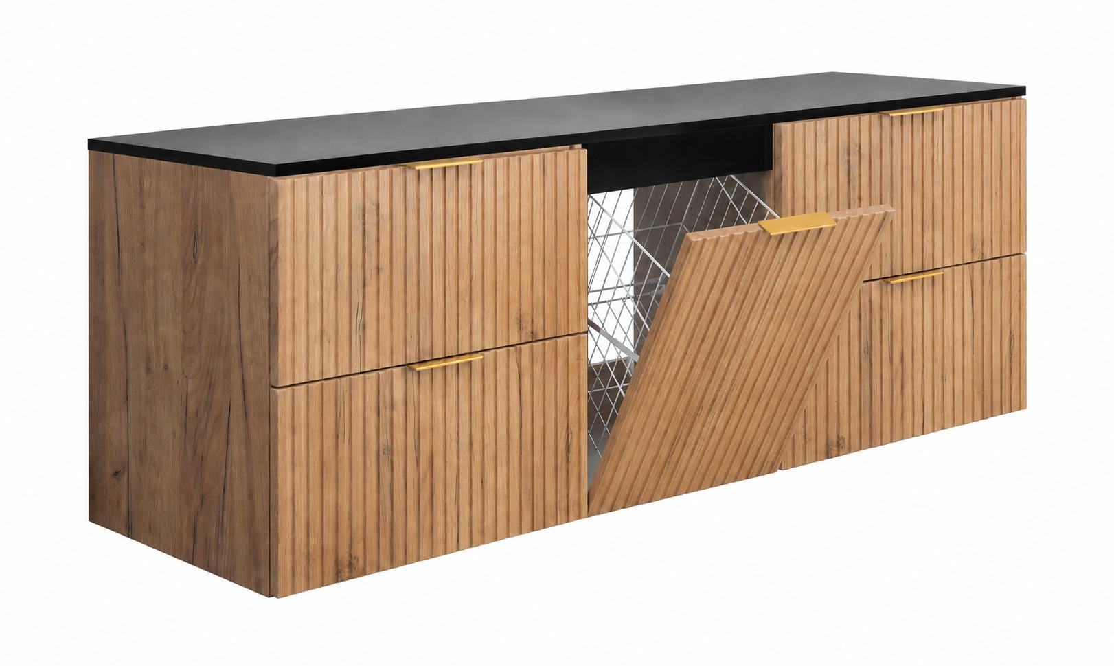 BADMÖBEL-SET MIT WÄSCHEKORB: Eiche Craft / Platte Schwarz, Griffe Gold, 160 x 46 x 57 cm - Eichefarben/Schwarz, Holzwerkstoff (160/57/46cm) - 3XE LIVING