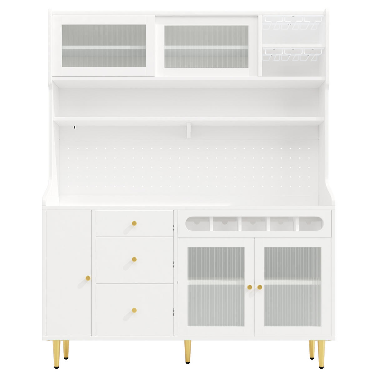 BUFFETSCHRANK 145/39/171 cm mit LED-Beleuchtung, verstellbaren Einlegeböden und Weinregal, Weiß - Weiß, Glas (145/171/39cm) - Redom