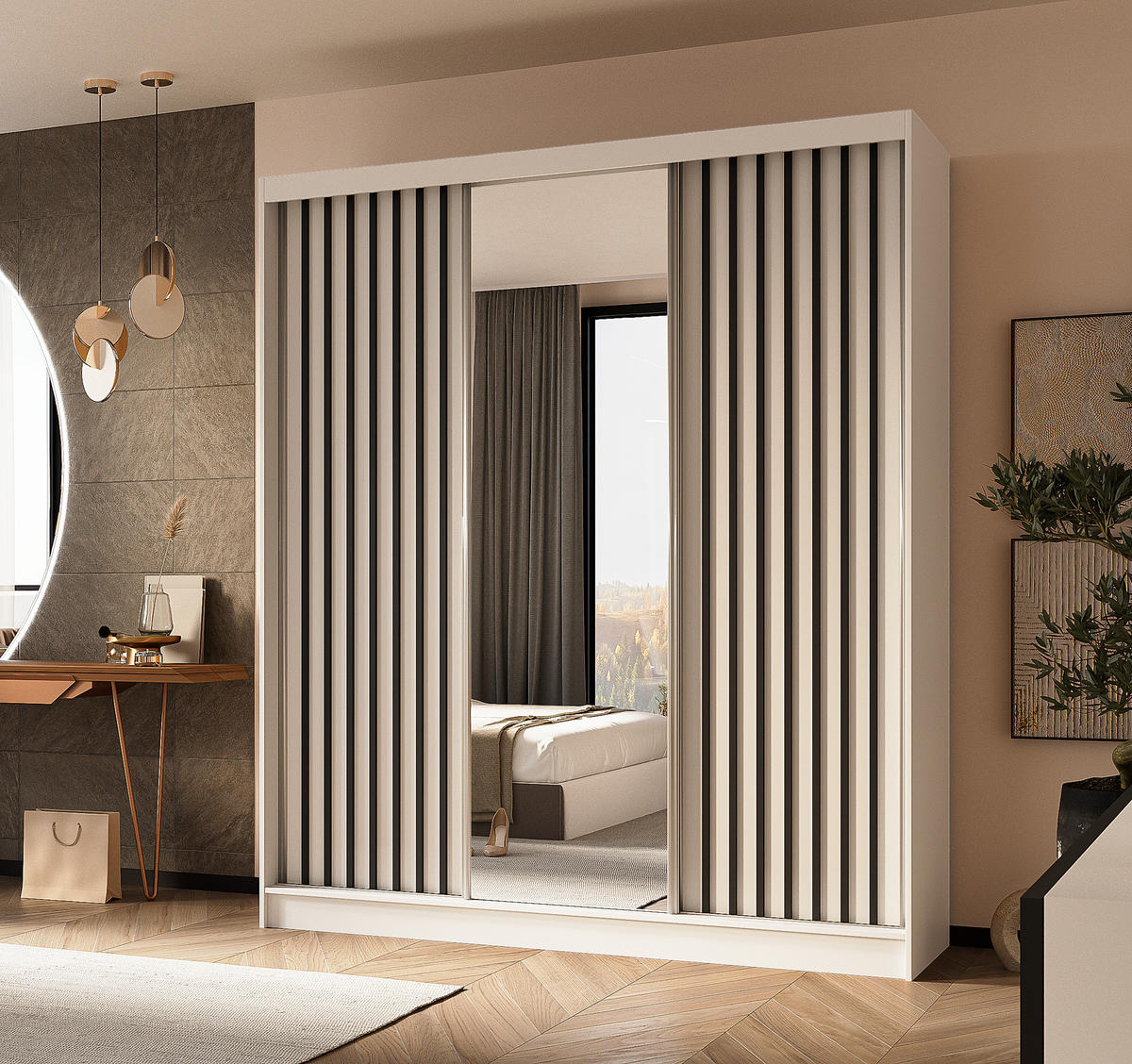 SCHWEBETÜRENSCHRANK Cabinio Weiß Schwarz 180/216/61 cm – mit Spiegel und Lamellen - Schwarz/Weiß, Holzwerkstoff/Kunststoff (180/216/61cm) - AX Living