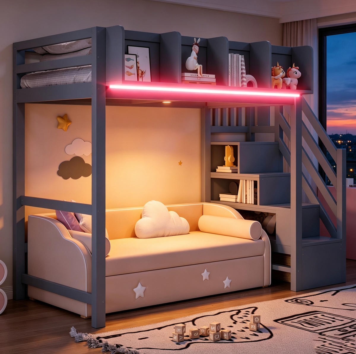 HOCHBETT 90/200 cm Grau mit LED, Stauraum und Lattenrost - Grau, Holz (90/200cm) - MIVRAY