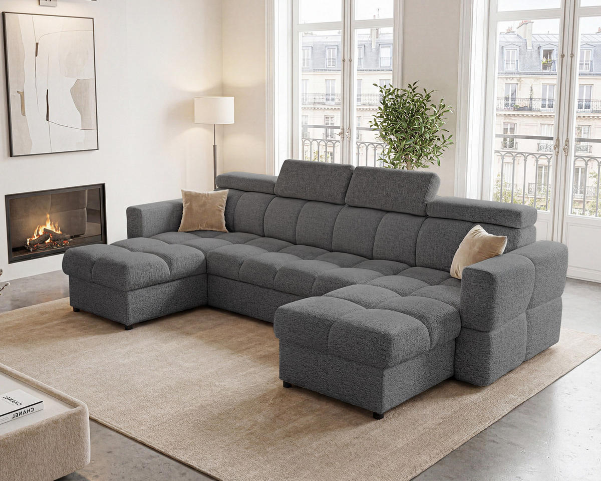 WOHNLANDSCHAFT BELUNO mit Schlaffunktion und Bettkasten Grau - Schwarz/Grau, Kunststoff/Textil (302/84/160cm) - Idohome