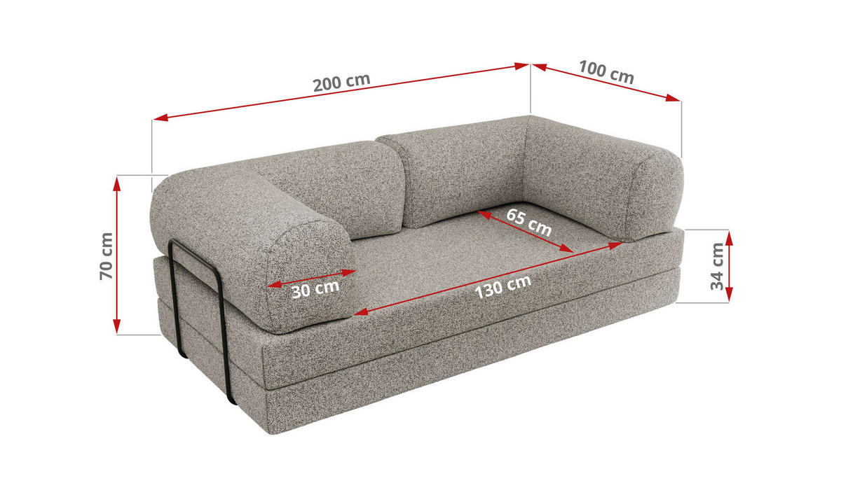 TROJMIESTNA POHOVKA ORSETTO - Svetlosivá Štruktúrovaná látka - čierna/svetlosivá, kov/textil (200/70/100cm) - MKS