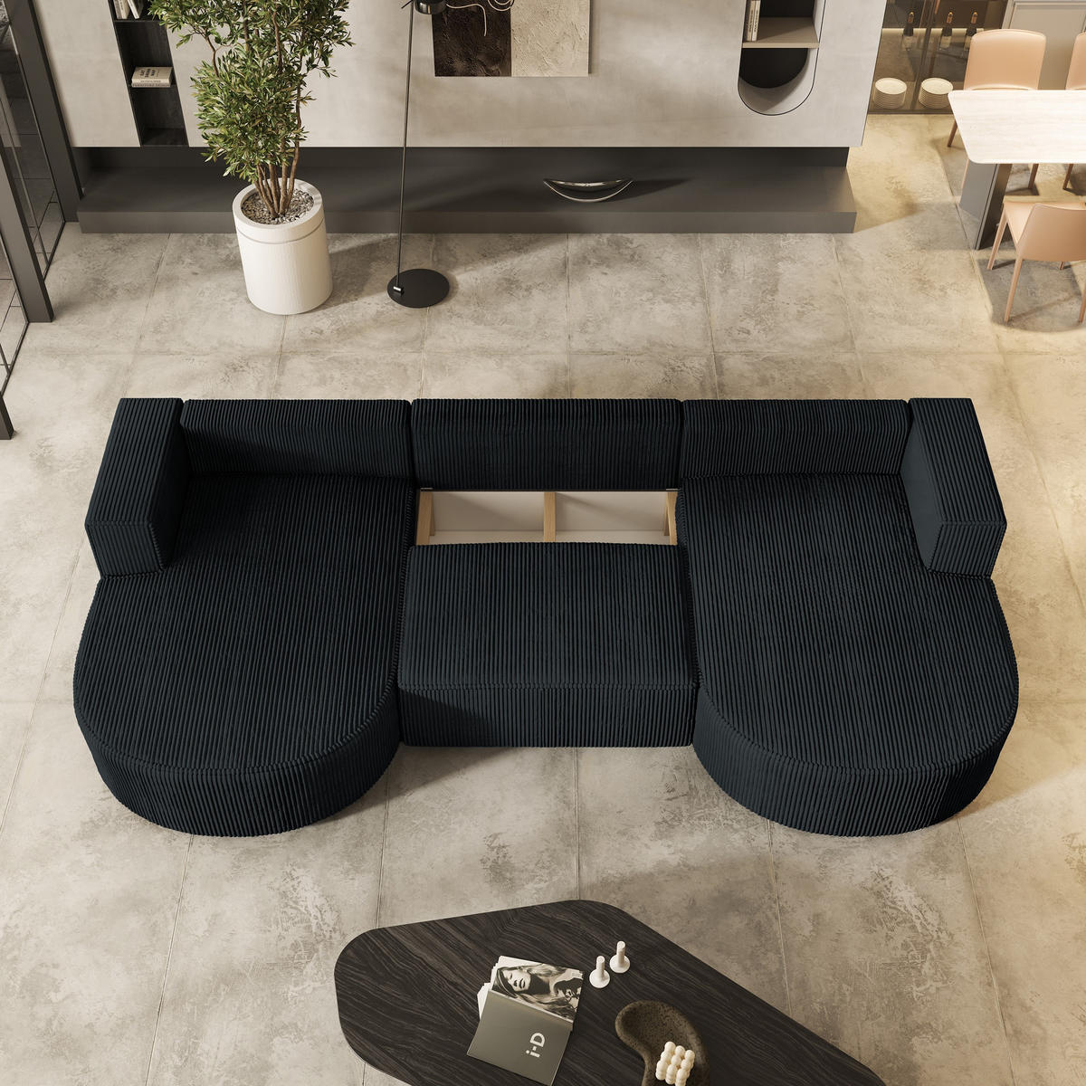 WOHNLANDSCHAFT VEZZO P Schwarz Kordstoff mit Schlaffunktion - Schwarz, Holz (347/85/174cm) - MASSENO