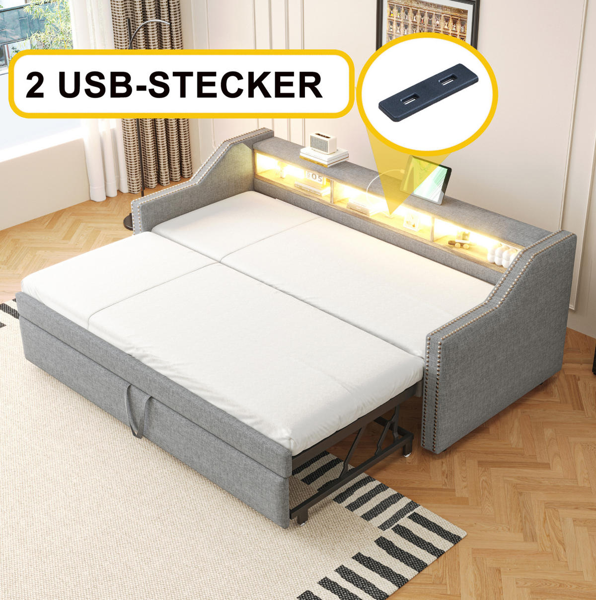 TAPECIRANI krevet 90/180x190 cm s izvlačnim ležajem, LED rasvjetom, USB priključkom i pretincima, Svijetlosiva - svijetlo siva, drvni materijal (90/190cm) - Redom