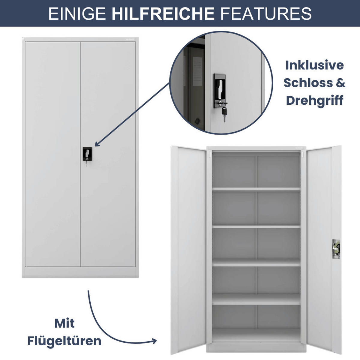 AKTENSCHRANK abschließbar 4er Set KADO 185x90x40cm Grau - Grau, Metall (90/185/40cm) - DELUKE