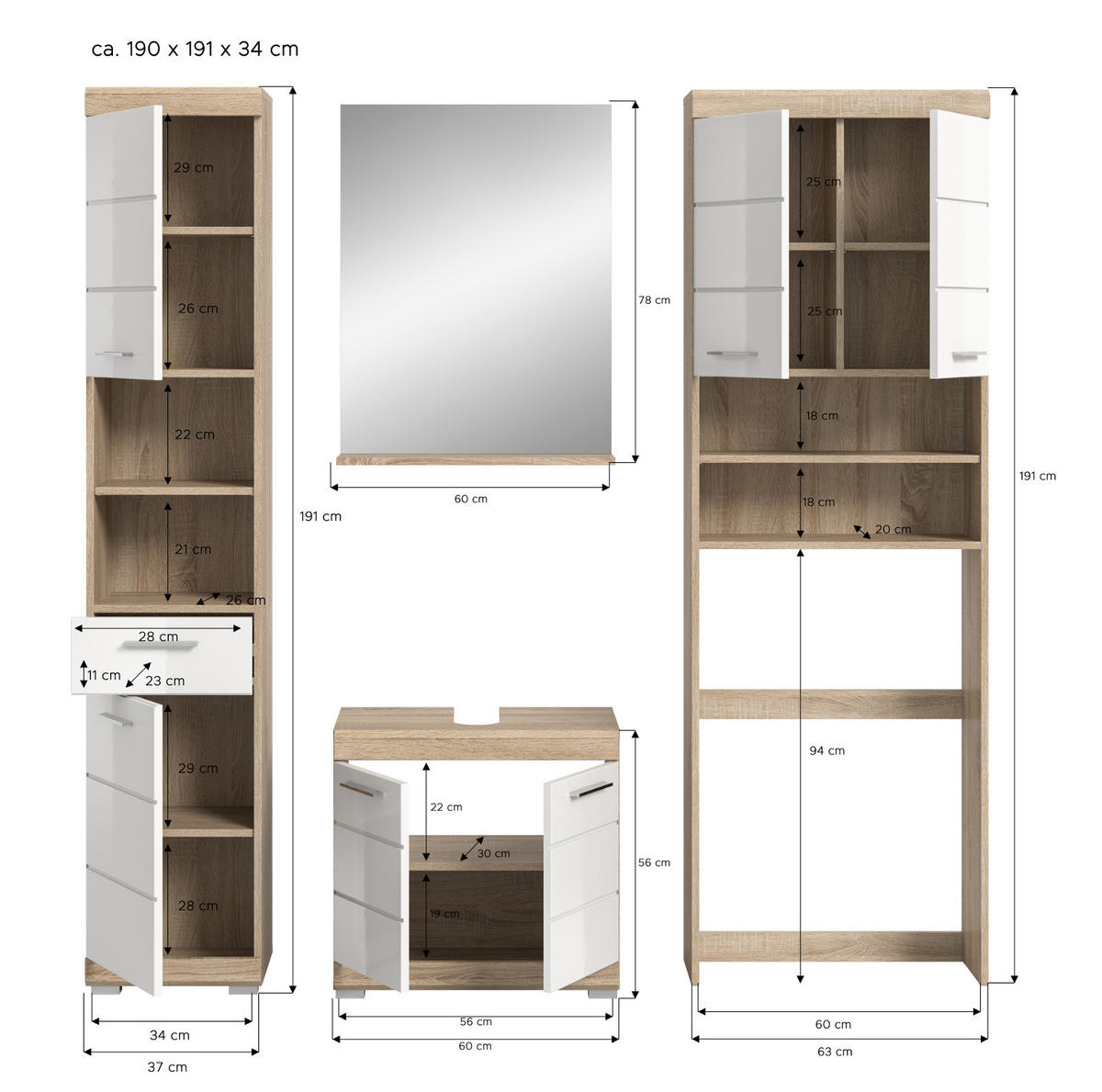 BADMÖBEL-SET weiß Hochglanz, Eiche 4-teilig 190 cm, Komplettset mit viel Stauraum - Weiß Hochglanz/Eichefarben, Glas/Holzwerkstoff (190/191/34cm) - Inn.Furn