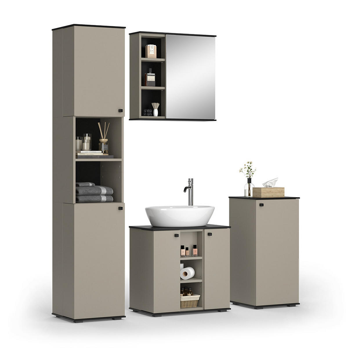 BADMÖBEL-SET Joli Greige 4 Teile, mit Hochschrank und Midischrank - Greige/Schwarz, Holzwerkstoff (60/59/37cm) - Vicco