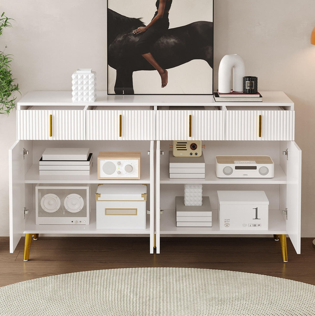 SIDEBOARD mit 4 Türen und 4 Schubladen 140 cm MDF Weiß - Weiß, Holzwerkstoff (140/82/38cm) - Meubliv