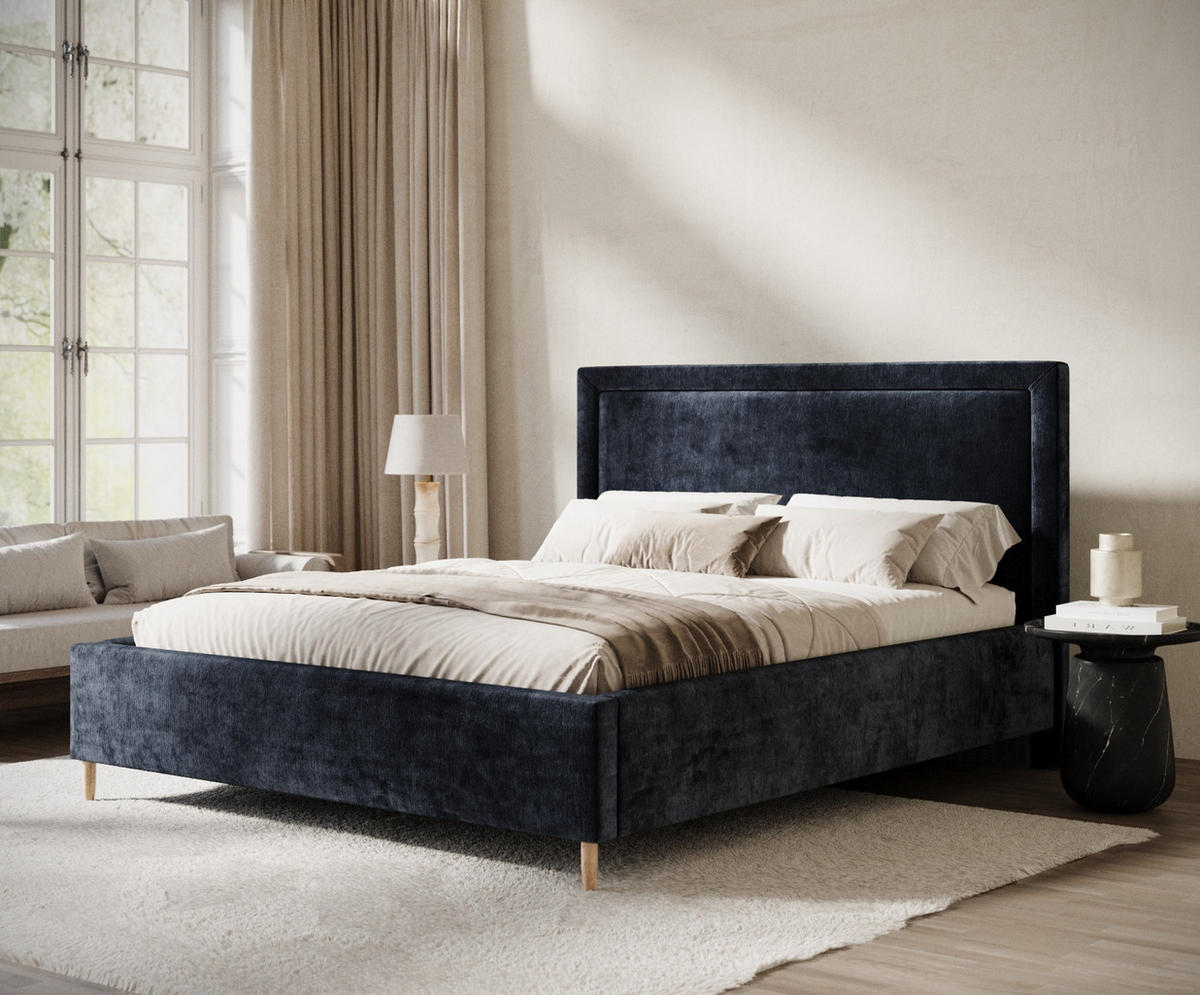 POLSTERBETT Ordina Marineblau 180/200 cm im Chenille-Stoff - Naturfarben/Dunkelblau, Holz/Holzwerkstoff (180/200cm) - Maison de Reve