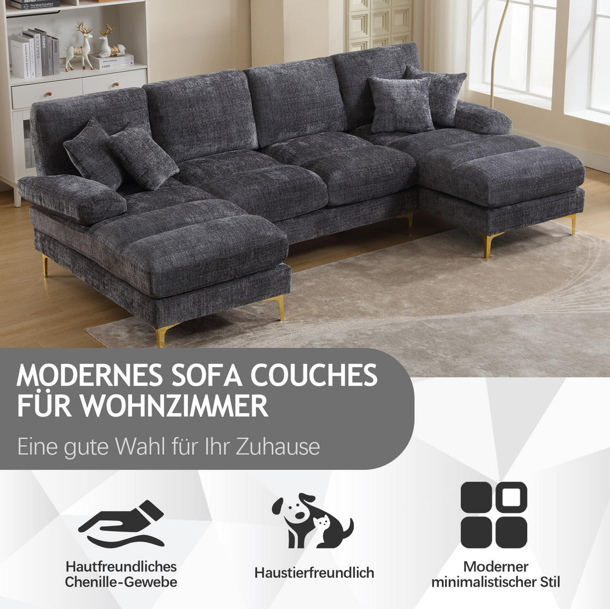 U-FORM Wohnlandschaft Chenille mit 2 Liegeflächen 272/136/88 cm Grau - Grau, Textil/Metall (136/88/272cm) - Redom