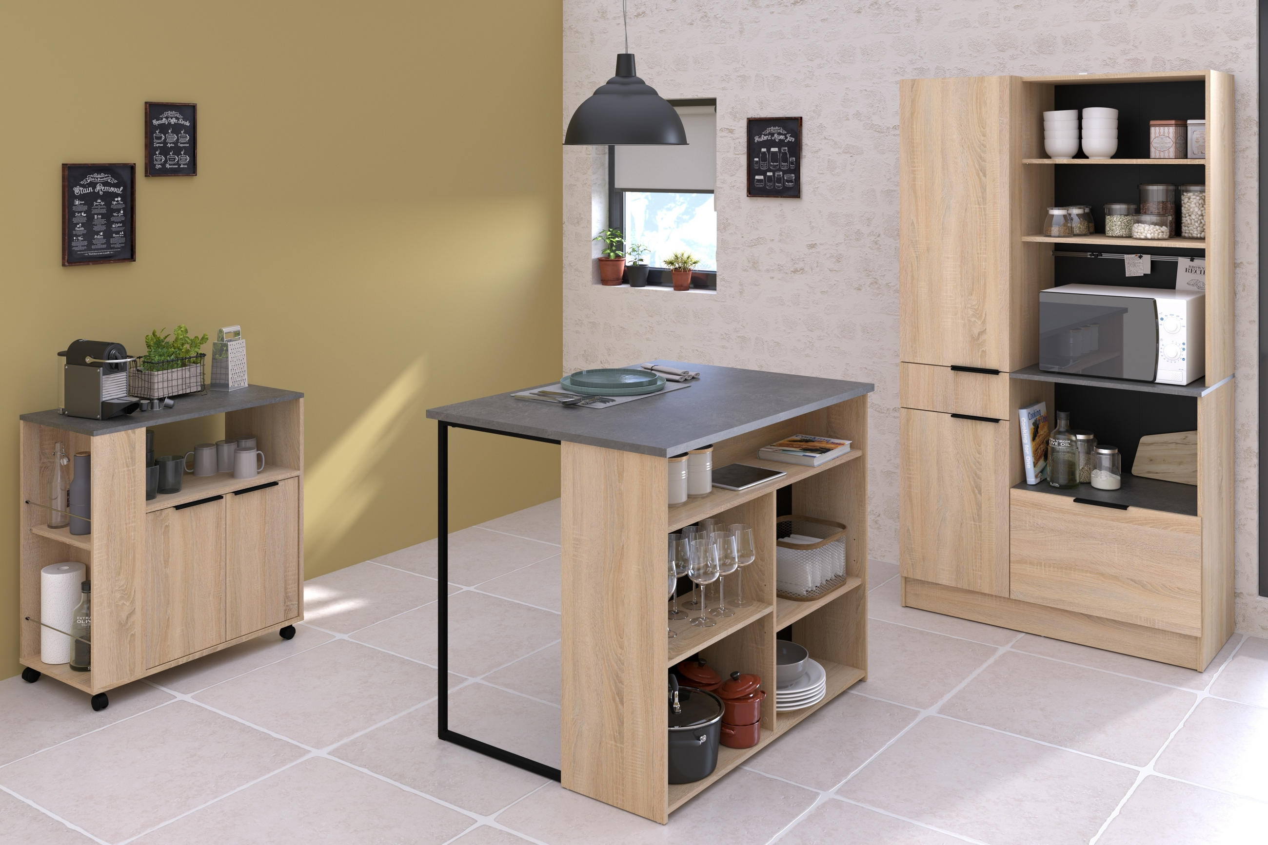 KÜCHENMÖBEL Fumay 3 in Eiche und Beton Optik 3teilig Küchenbuffet mit Küchentheke und Beistellschrank - Braun, Holzwerkstoff (80/200/120cm)