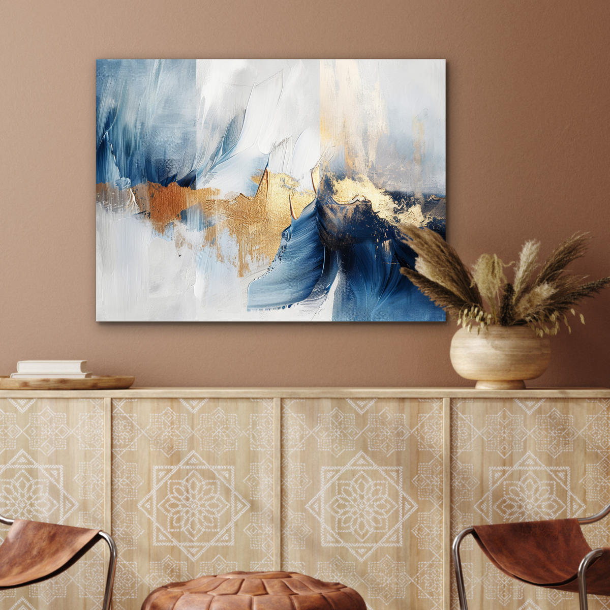 KOVOVÝ OBRAZ Zlatá - modrá - akvarel - umenie - moderné 80x60 cm - svetlomodrá, kov (80/60cm) - MuchoWow