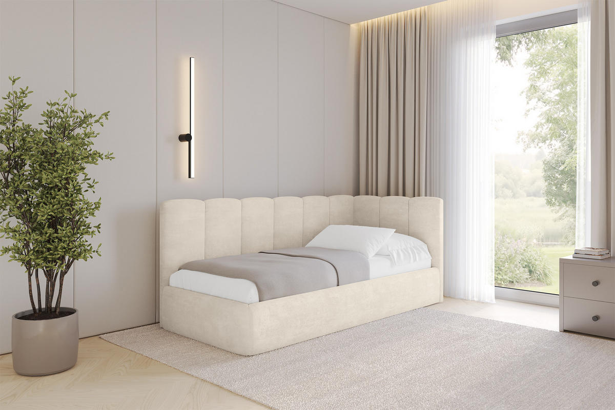 EINZELLBETT Jugendbett mit Bettkasten, Links - DEXY 90x200 Beige - Beige, Holzwerkstoff/Textil (90/200cm) - ALTDECOR