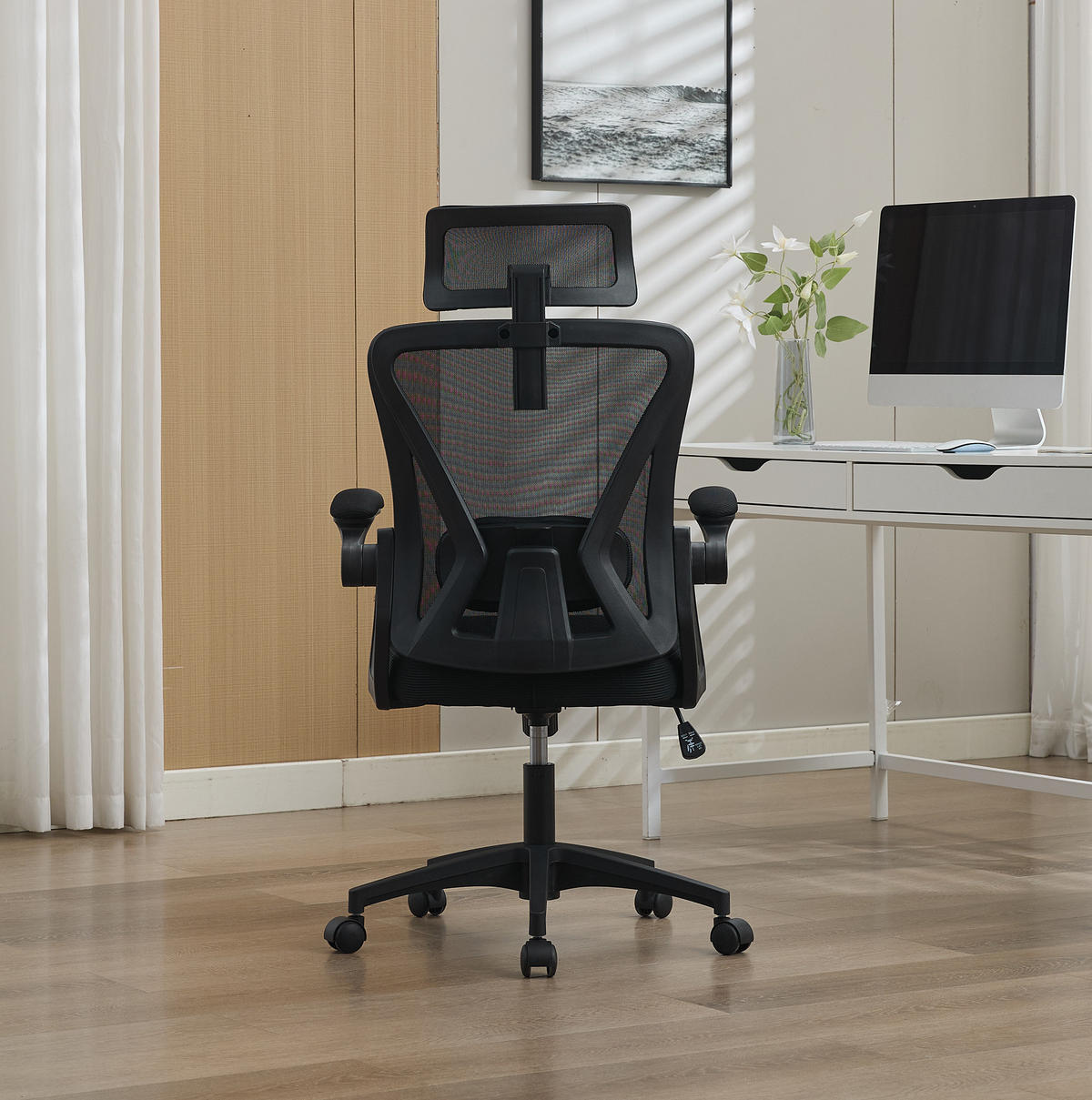 BÜROSTUHL ergonomisch mit Kopfstütze und Klapparmlehnen Schwarz - Schwarz, Kunststoff (65/108/58cm) - Meubliv